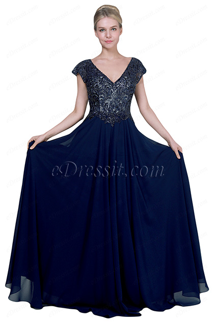 Blue V-Cut Cap Beaded Long Party Evening Dress