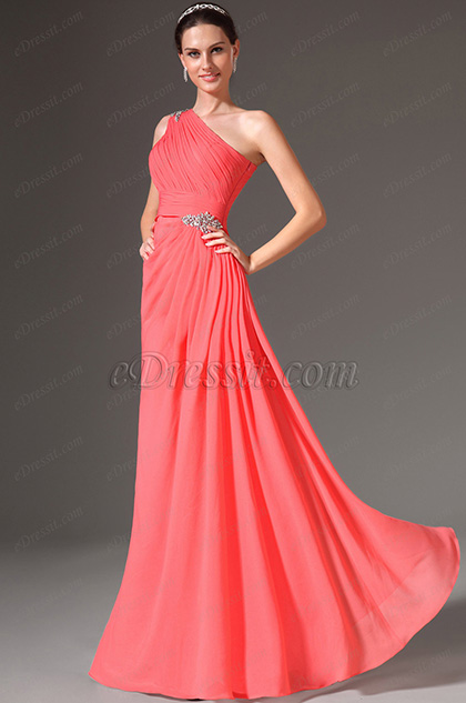 パーティードレス One Shoulder Beaded Gown in Coral 619Y6XJsxdL.jpg
