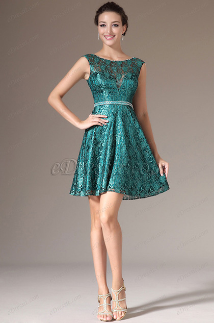 Green Sleeveless Lace Party Cocktail Dress