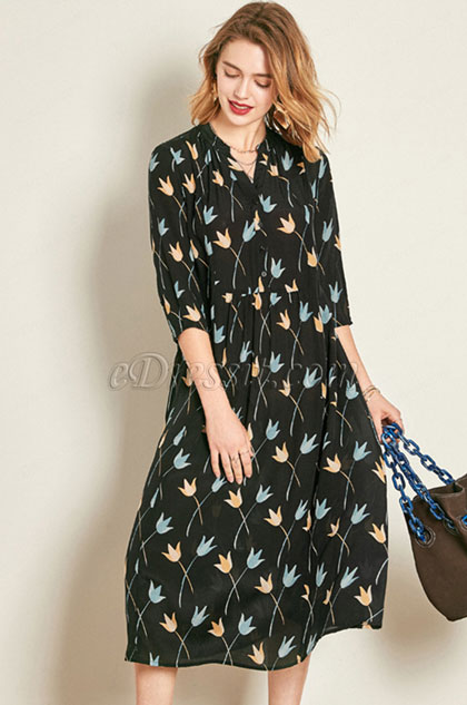 Silk Black Printed Women Dress Day Wear Shirt Dress