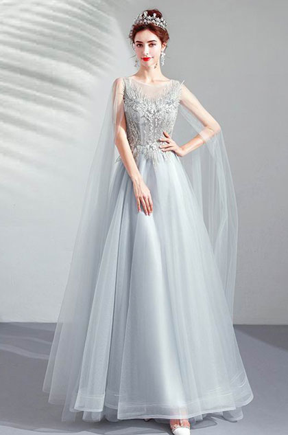 Grey Elegant Long Tulle Bride Evening Prom Dress