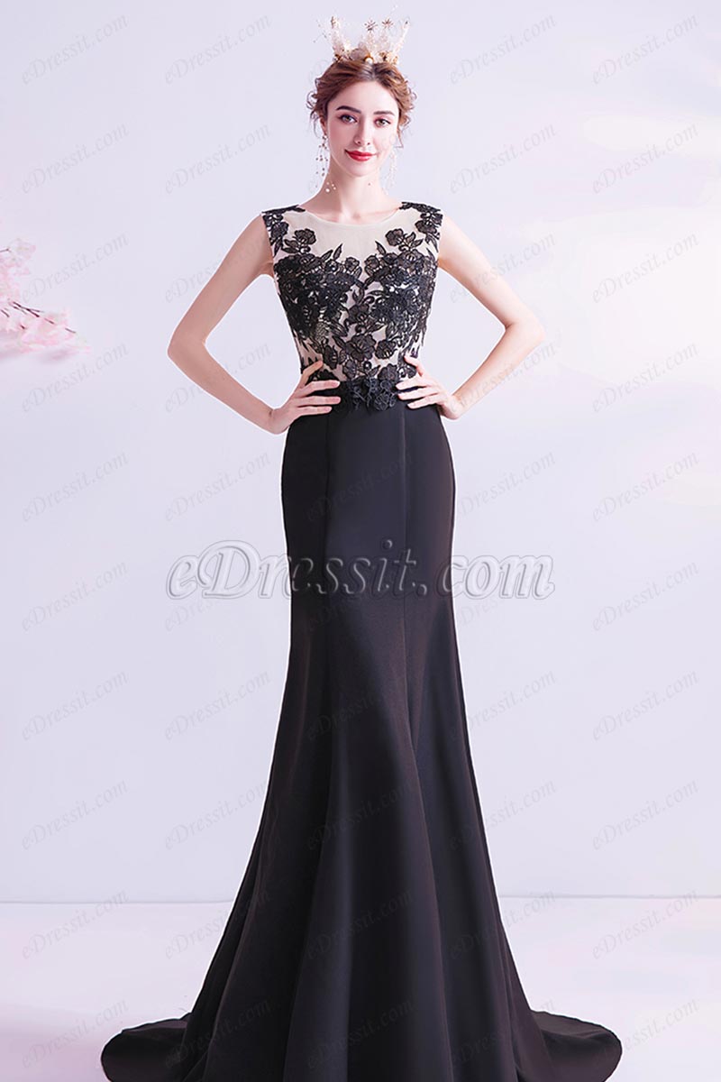 Black Lace Appliques Mermaid Party Prom Dress