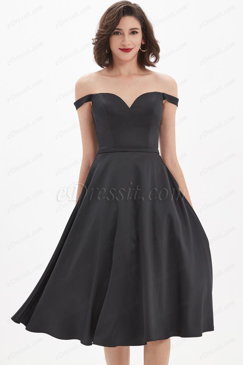 Knee Length Formal Black Dress Black OFF-Shoulder Sweetheart V-Cut Cocktail  Party Dress (04210600) EDressit
