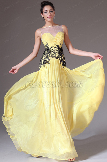 Yellow Sheer Top A-Line Prom Dress