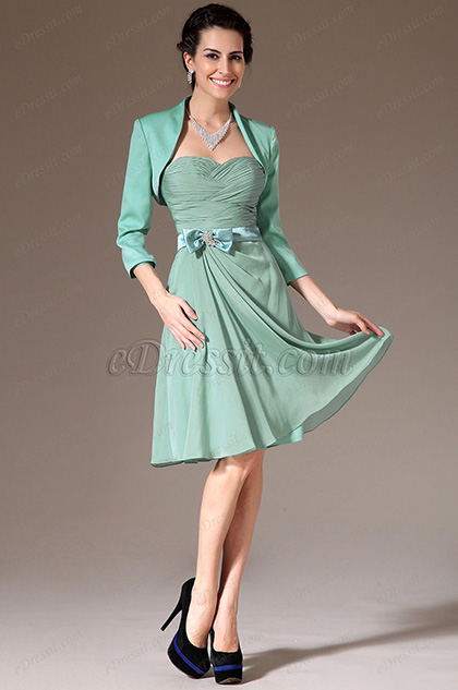 Turquoise Jacket 2 Pieces Short Bridesmaid Dress