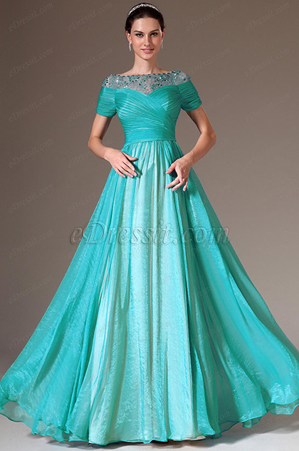 2014 Neu Blau Perlen Spitze Oben A-Linie Ball Kleid