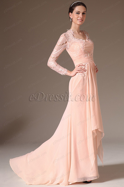 Pink Lace Top Long Sleeves Mother of the Bride Dress