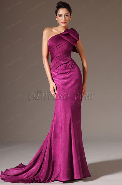 2014 Nuevo Fucsia Solo Hombro Ajustado Vestido de Noche