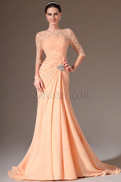 2014 Nouveauté Orange Dentelle Manches Robe de Gala/Longue