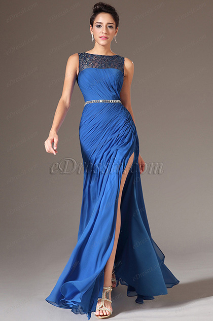 Blue Sequined Lace Top High-Slit Evening Gown