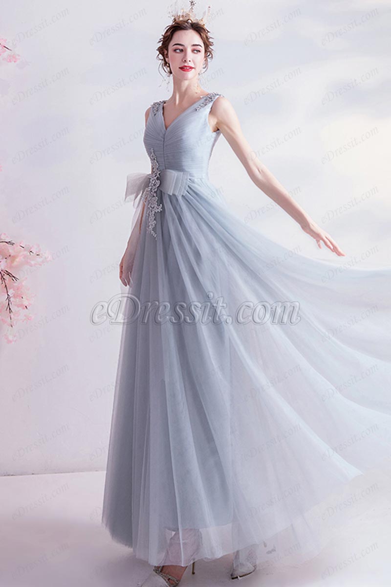 Gris Col en V Robe de Demoiselle d'honneur