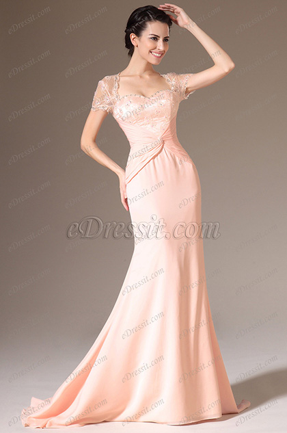 Pink Lace Top Cap Sleeves Backless Evening Gown