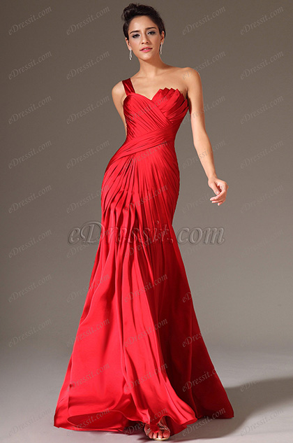 Red Simple One-Shoulder Evening Prom Dress