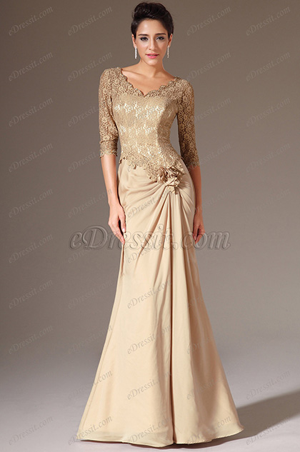 Brown V-Neck Lace Top Half Sleeves Mother of the Bride Dress