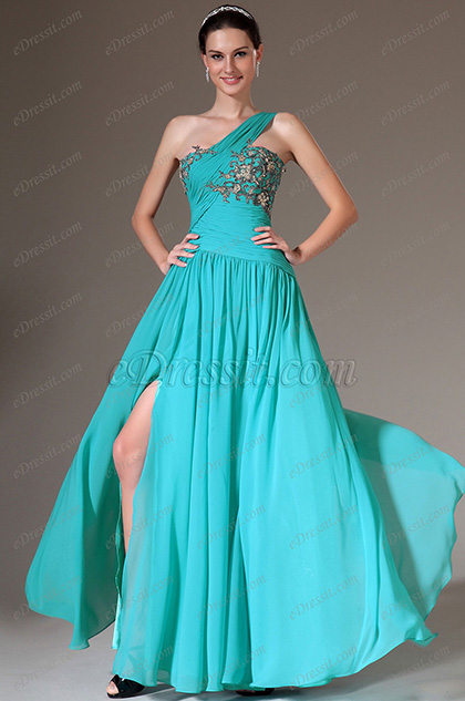 Blue One-Shoulder Embroidered High-Slit Prom Dress