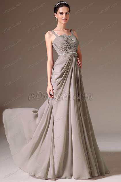 Grey Straps Beaded A-Line Prom Dress