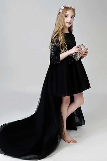 Black Sequins Applique Flower Girl Dress