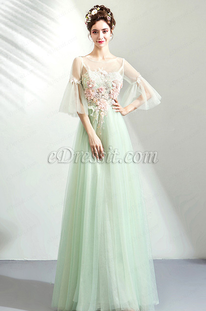 NEW Green Sleeves EmbroideryTulle Party Prom Dress