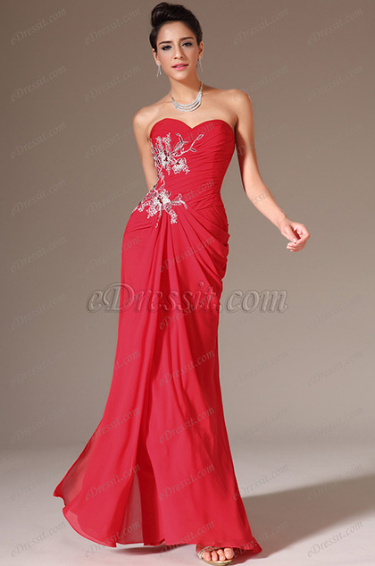 Red Strapless Sweetheart Lace Prom Evening Dress