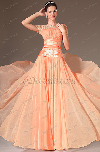 Orange Lace Short Sleeves Prom Dress