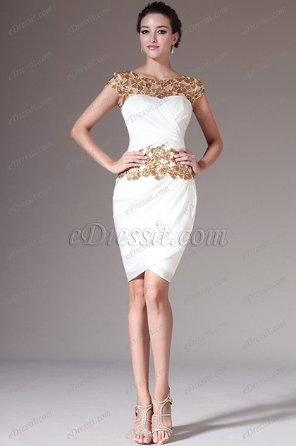 Golden Lace Top Sheath Knee-Length Formal Dress