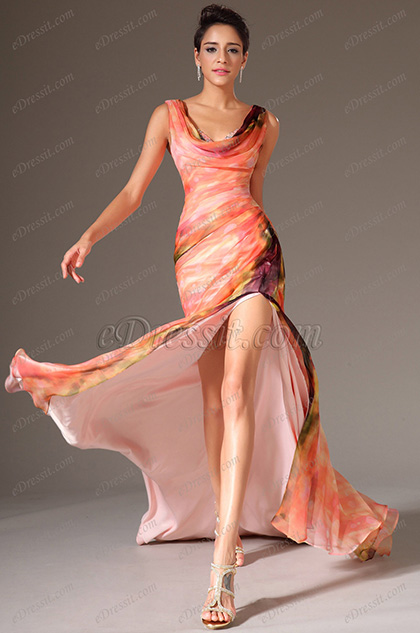 Printed High Slit Evening Dress