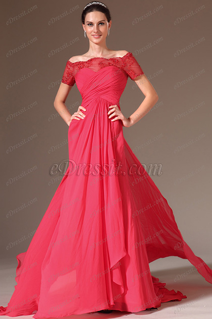 Red Lace Off-Shoulder Sweetheart Evening Gown