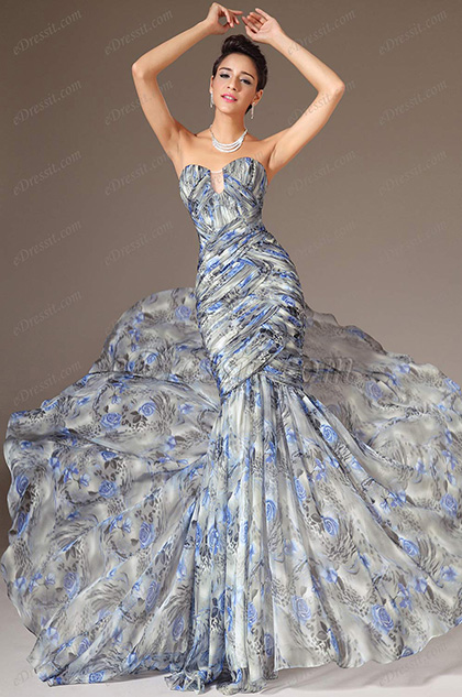 2014 Neu Trägerlos Süß Herz Gedruckt Mermaid Abendkleid