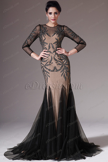 Black&Light Brown Long Sleeves Evening Prom Dress