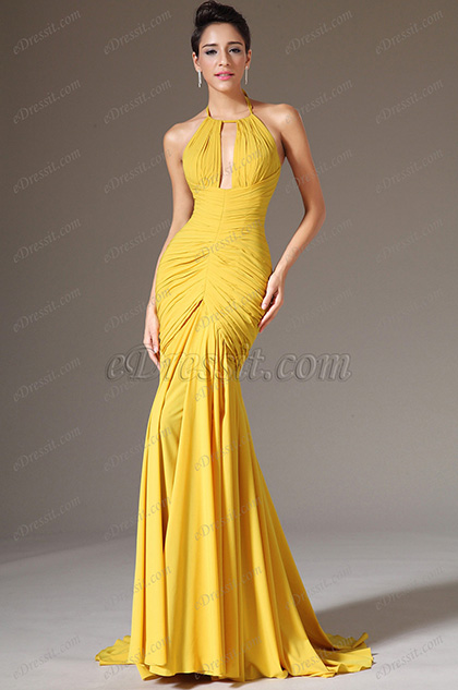 2014 Nuevo Halter Amarrillo Sheath Formal Vestido de Fiesta Largo