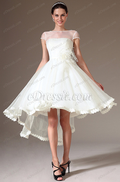 Sheer Top Cap-Sleeves High Low Wedding Dress