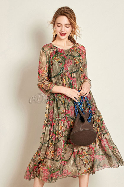 Simple Silk 3/4 Sleeves Printed Dress Day Wear