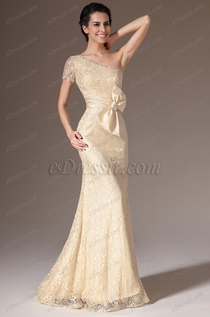 2014 Neu Champagne Ein Schulter Ausschnitt Spitze Abendkleid