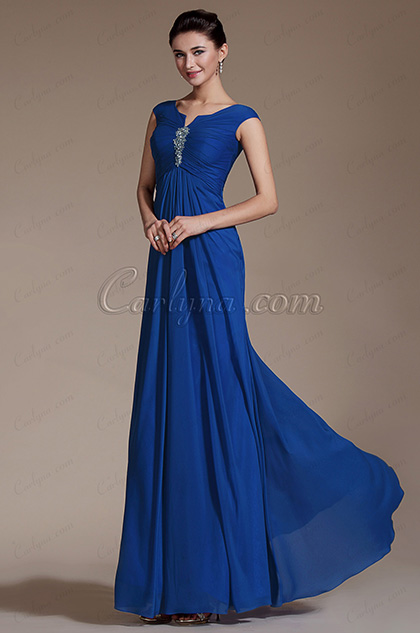 Blue Cap Sleeves Empire Waistline Evening Dress Prom Gown