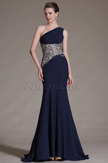 Dark Blue One-Shoulder Evening Dress