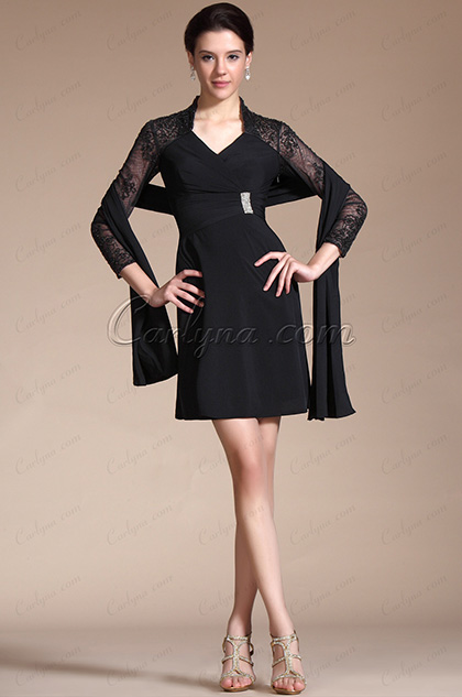 Black 3/4 Sleeves V-cut Cocktail Dress/Mother of the Bride Dress