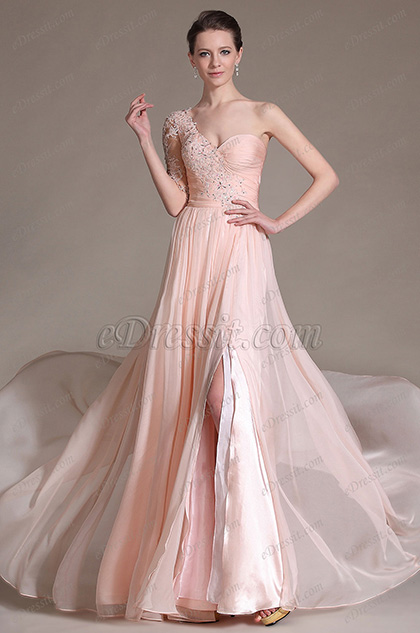 Pink Stylish Lace Embroidery Evening Dress