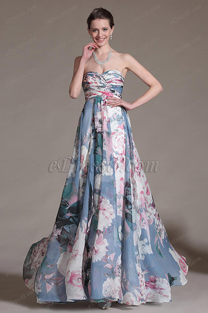 Printed Strapless Pleated Evening Dress