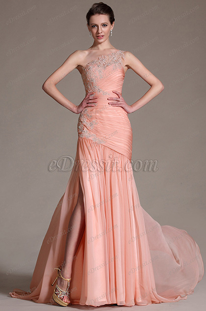 Elegant Pink One Shoulder Lace Evening Dress Prom Gown