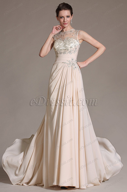 Sleeveless Lace Decoration Evening Prom Gown