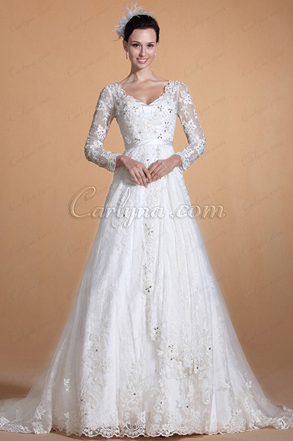 V-neck Lace Sleeves Beaded Bodice Wedding Dress