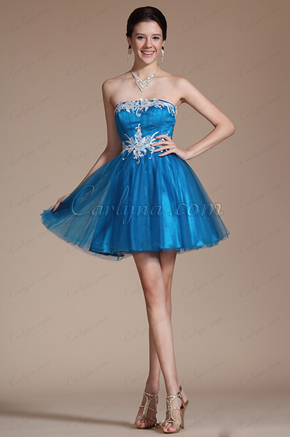 Blue Strapless Lace Appliques Cocktail Dress/ Party Dress