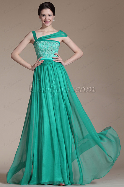 Turquoise Lace Top Evening Gown