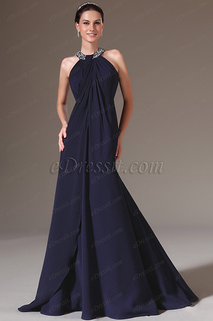 Dark Blue Stunning Halter Beadings Prom Dress