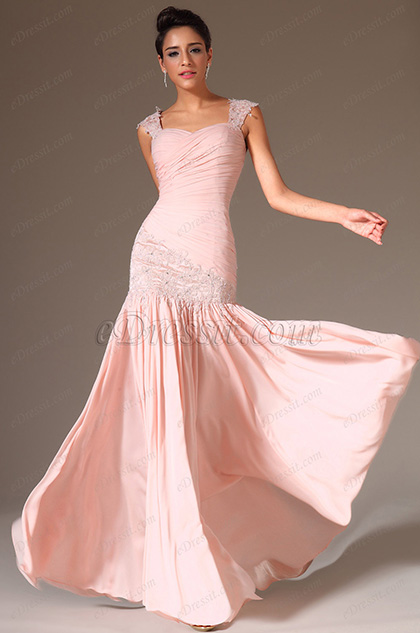 Light Pink Stunning Embroidered Lace Prom Evening Dress