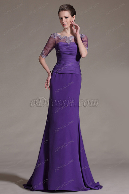 Purple Lace Neckline Mother of the Bride Dress