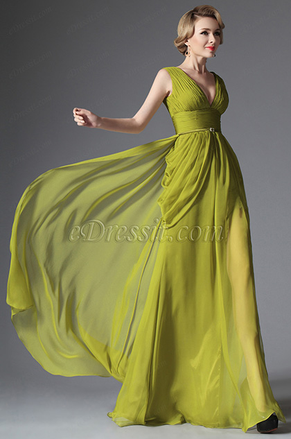 Military Green V-cut Evening Dress Prom Formal Gown