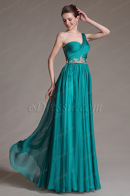 Green One Shoulder Pleated Formal Dress Evening Gown