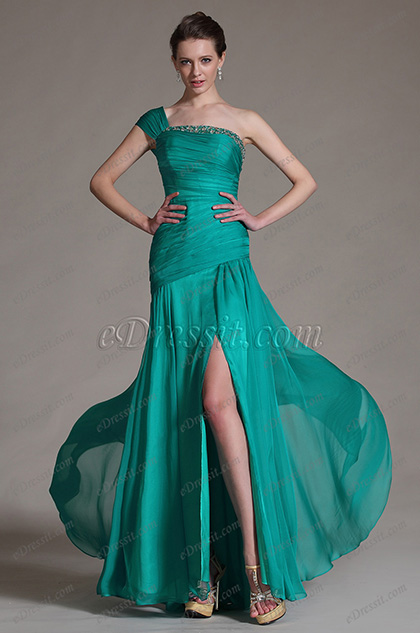 Green One Shoulder Pleated Top Evening Dress Prom Ball Gown