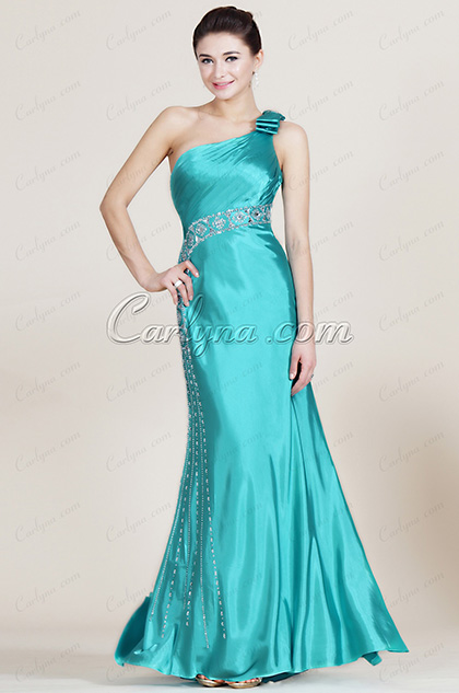 Turqoise One Shoulder Beaded  Bridesmaid Dress